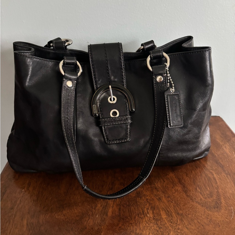 Coach Black Leather Shoulder Bag with Silver-Tone Buckle